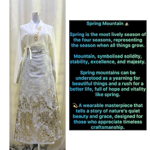 Majestic Spring Mountain Hanfu Set – Gold Embroidered Mountains | Curated Traditional Chinese Top + Dress with Decorative Brooch (马面裙)
