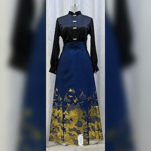 Elegant Dragon and Mountain Hanfu Set– Blue Gold Embroidered Dragon & Mountain | Curated Traditional Chinese Top + Dress (马面裙)