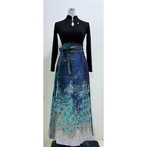 Celestial Ocean  Hanfu Set – Blue Embroidered Starry Sea Wave | Curated Traditional Chinese Top + Dress with Belt (马面裙)