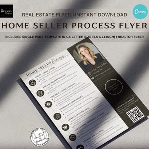 May include: A real estate flyer titled "Home Seller Process Flyer" with a black and white design. The flyer includes a photo of a woman, a list of services, and the text "Includes single page template in US letter size (8.5 x 11 inch) I Realtor Flyer."