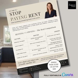Könnte beinhalten: Ein Flyer mit dem Text "STOP PAYING RENT" und einem Vergleich von Mieten und Eigentum. Der Flyer enthält ein Foto einer Frau und ist mit "SINGLE PAGE FLYER US LETTER SIZE" gekennzeichnet. Vollständig bearbeitbar in Canva.