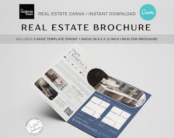 Luxusimmobilie Broschüre Vorlage | Canva Bearbeitbare Wohnungsbroschüre | Modernes marineblaues Design | Makler-Listing Präsentation