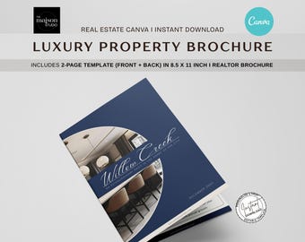 Luxusimmobilie Broschüre Vorlage | Canva Bearbeitbare Makler-Broschüre I Elegantes dunkelblaues Design I Makler-Präsentationspaket