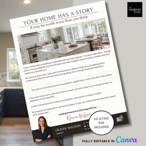 May include: A flyer with the text "YOUR HOME HAS A STORY" and a kitchen photo. The flyer includes text about home valuation, with a realtor's photo and contact information. The flyer is fully editable in Canva.