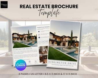May include: A real estate brochure template featuring two pages with images of a luxury house with a pool, titled Kensington Drive. The text includes neighborhood highlights and property details. The document is 8.5 by 11 inches and 17 by 11 inches.