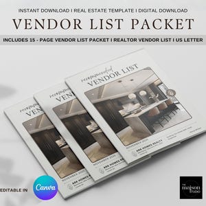 Op de afbeelding: Drie witte Vendor List Packet brochures met de tekst "Recommended Vendor List" en interieurontwerp afbeeldingen. De brochures zijn gelabeld met "November 2025" en "ARK Homes Realty". De afbeelding bevat ook de tekst "Direct downloaden" en "Bewerkbaar in Canva".