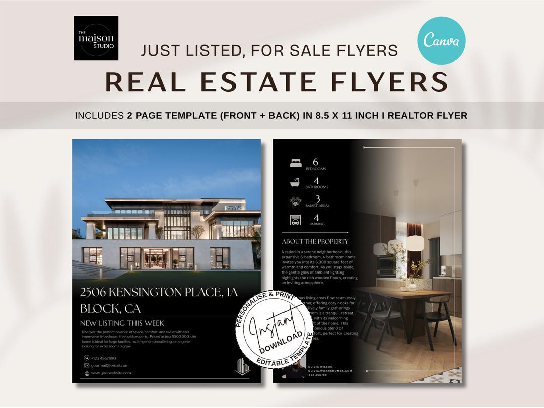 Luxury Real Estate Flyer Template | 2- Page Editable Canva Flyer for ...
