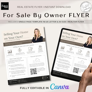 Puede incluir: Un folleto inmobiliario titulado "For Sale By Owner FLYER", con el texto "Selling Your Home on Your Own?" y una foto de una mujer. El folleto incluye una plantilla de una página en tamaños US Letter y A4, y es totalmente editable en Canva.
