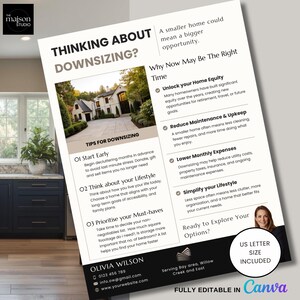May include: A white informational flyer titled Thinking About Downsizing? featuring a photograph of a house, bulleted lists of tips, and the text Olivia Wilson, Serving Bay area, Willow Creek and East, with contact details and a Canva logo.
