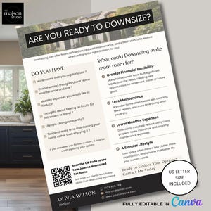 May include: A real estate flyer titled Are You Ready To Downsize? featuring a checklist for homeowners, benefits of downsizing, a QR code, and contact information for Realtor Olivia Wilson. The document is US letter size and fully editable in Canva.