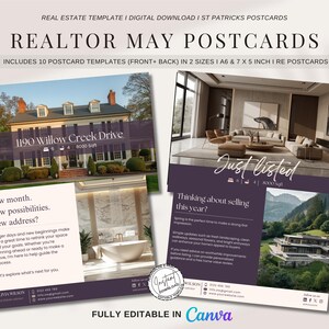 May include: Real estate postcard templates in purple and white. The postcards showcase images of houses and interiors, with text such as "Realtor May Postcards" and "Just Listed". Includes 10 postcard templates in 2 sizes, A6 and 7 x 5 inches.