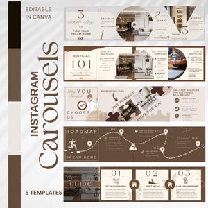May include: An Instagram carousel template set with a real estate theme. The design features a brown and white color scheme with text such as "Mortgage 101", "Roadmap to Dream Home", and "Home Buying Guide". The templates are editable in Canva.