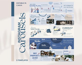 Luxury Real Estate Instagram Carousel Template Canva Editable 5 Blue Carousels Realtor Social Media Marketing Templates for Agents Branding
