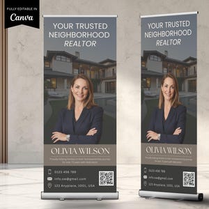 May include: Two roll-up banners featuring a realtor, Olivia Wilson, with the text "Your Trusted Neighborhood Realtor." The banners display a photo of a house and contact information. The Canva logo is in the upper left corner.