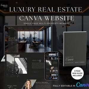 以下が含まれることがあります： 高級不動産向けCanvaウェブサイトデザインを紹介するデジタルマーケティング画像。デザインには、ラップトップ、スマートフォン、本が含まれています。ウェブサイトは、街の景色を望むモダンなインテリアデザインが特徴です。「Luxury Real Estate Canva Website」というテキストが含まれています。