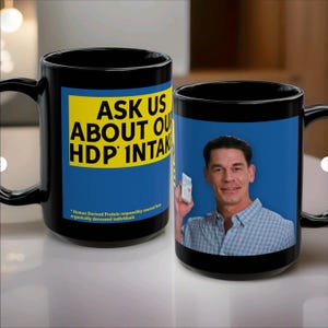 May include: Two black ceramic mugs. One mug has the text "ASK US ABOUT OUR HDP INTAKE" on a blue and yellow background. The other mug has a picture of a man holding a phone. The text on the mug says "Human Derived Protein responsibly sourced from organically deceased individuals."