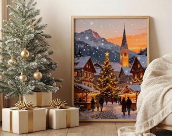 May include: A framed print depicting a snowy Christmas village with a decorated tree and church spire. A small Christmas tree with gold baubles and wrapped gifts are in the foreground.