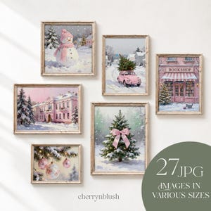 May include: A gallery wall set of six framed prints featuring winter scenes in pink and white tones, including a snowman, a pink car with a tree, a pink building, a bookshop, a decorated Christmas tree with a pink bow, and hanging ornaments.