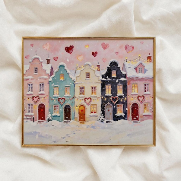 Romantic Village Valentines Day Print- Vintage Valentines Wall Art- Snowy Winter Print - Digital Download