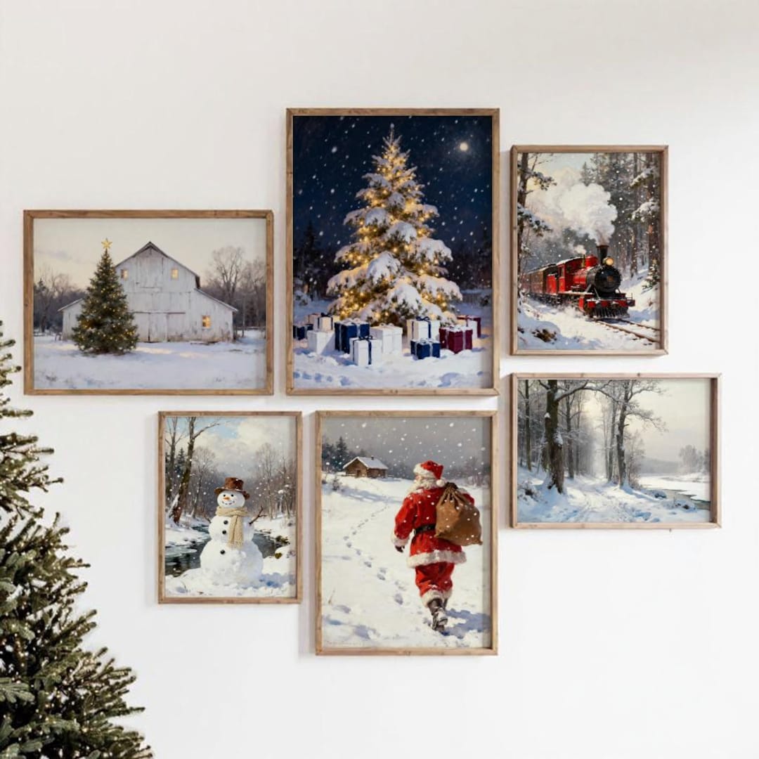Vintage Christmas Wall Art Set of 6 - Rustic Holiday Decor - Christmas ...
