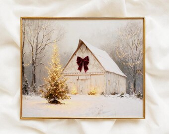 Rustic Christmas Barn Wall Art Printable, Snowy Winter Landscape, Farmhouse Holiday Decor, Country Christmas Scene, Digital Download