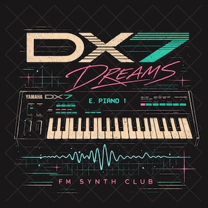 May include: Black t-shirt with a retro design featuring a Yamaha DX7 synthesizer. The design includes the text "DX7 Dreams" in pink and teal, with "E. Piano 1" and "FM Synth Club" also visible.
