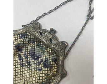 Antik Mandalian Mfg Co 1920-tals Flapper Mesh-väska Emaljblommig med Anteckning