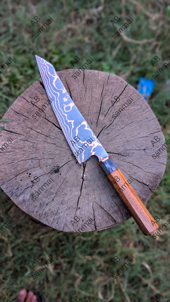 Handmade Copper Damascus Chef Knife Carbon Steel Blade (leather