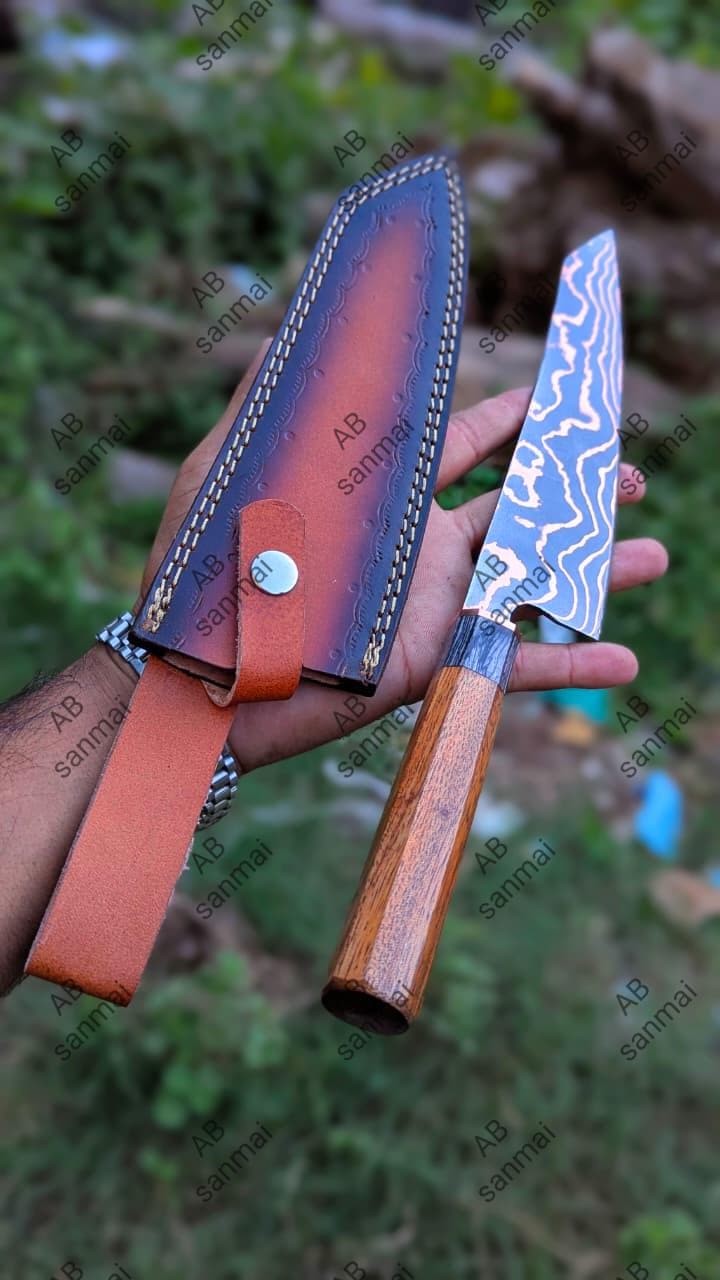 Handmade Copper Damascus Chef Knife Carbon Steel Blade (leather
