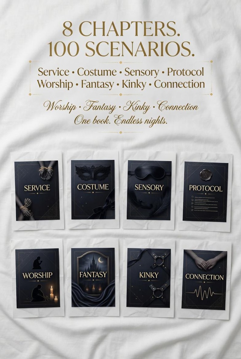 Puede incluir: Una colecci&oacute;n de ocho tarjetas negras con texto e ilustraciones doradas, cada una representando un tema diferente: Servicio, Disfraz, Sensorial, Protocolo, Adoraci&oacute;n, Fantas&iacute;a, Kinky y Conexi&oacute;n. Las tarjetas est&aacute;n dispuestas sobre una superficie blanca, con el texto "8 Cap&iacute;tulos. 100 Escenarios."