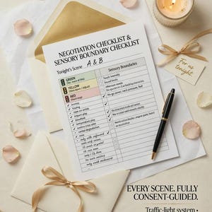 Puede incluir: Una lista de verificaci&oacute;n de negociaci&oacute;n impresa y una lista de verificaci&oacute;n de l&iacute;mites sensoriales con el texto "Tonight's Scene A & B". La lista de verificaci&oacute;n incluye un sistema de sem&aacute;foro y l&iacute;mites sensoriales. Tambi&eacute;n hay una vela encendida, un bol&iacute;grafo y un sobre con una cinta.