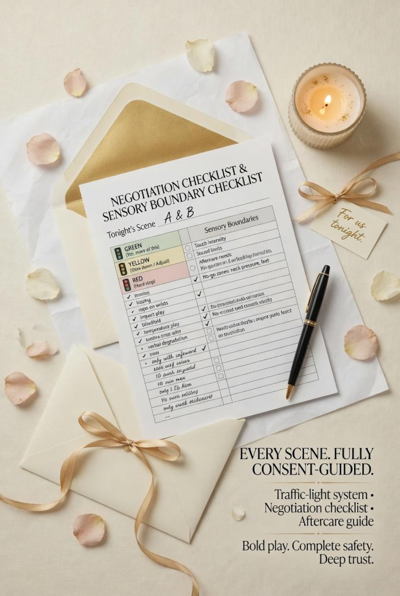 Puede incluir: Una lista de verificaci&oacute;n de negociaci&oacute;n impresa y una lista de verificaci&oacute;n de l&iacute;mites sensoriales con el texto "Tonight's Scene A & B". La lista de verificaci&oacute;n incluye un sistema de sem&aacute;foro y l&iacute;mites sensoriales. Tambi&eacute;n hay una vela encendida, un bol&iacute;grafo y un sobre con una cinta.