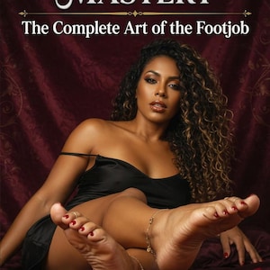 Puede incluir: Imagen de una mujer con un vestido de satén negro con cabello rizado, esmalte de uñas rojo y joyería para los pies. El texto en la parte superior dice "FOOT GODDESS MASTERY" y "The Complete Art of the Footjob". El texto inferior dice "Luna West Amour Atelier".