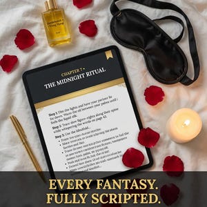 Puede incluir: Una escena rom&aacute;ntica con una tableta que muestra el texto "The Midnight Ritual", una m&aacute;scara para los ojos negra, una vela, p&eacute;talos de rosa y una botella de aceite. El texto dice "Every Fantasy. Fully Scripted. 100 step-by-step scenarios for couples."