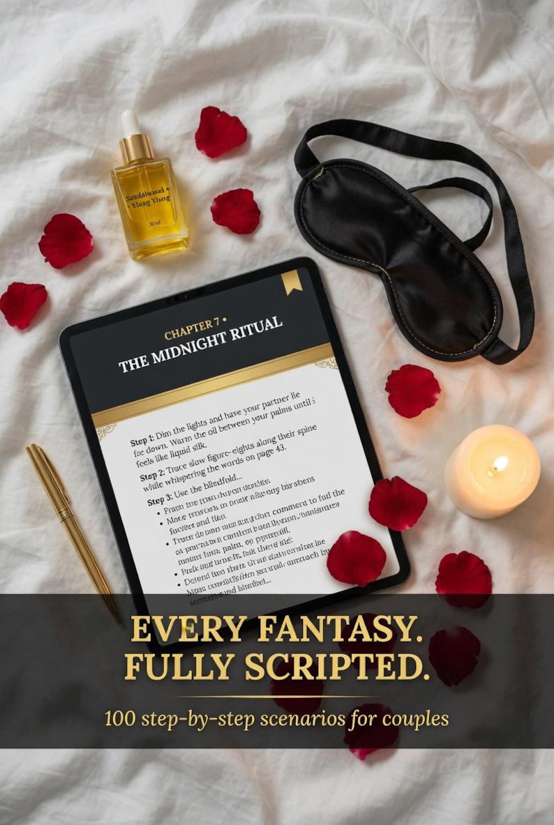 Puede incluir: Una escena rom&aacute;ntica con una tableta que muestra el texto "The Midnight Ritual", una m&aacute;scara para los ojos negra, una vela, p&eacute;talos de rosa y una botella de aceite. El texto dice "Every Fantasy. Fully Scripted. 100 step-by-step scenarios for couples."