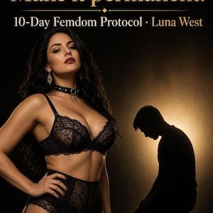 May include: A book cover titled Take authority. Make it permanent. 10-Day Femdom Protocol by Luna West. It features a person in black lace lingerie and a choker, standing in front of a silhouette of a person kneeling in a dark, golden-lit space.