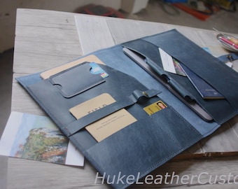 Blue Leather Portfolio Organizer: Personalized Document Holder, iPad/MacBook Folio
