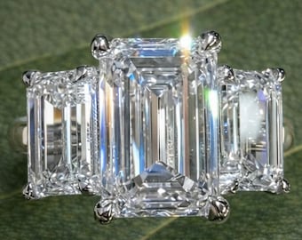 Anillo de compromiso/boda con diamante de laboratorio de talla esmeralda de 3,50 ct y 3 piedras, oro macizo de 14 k.