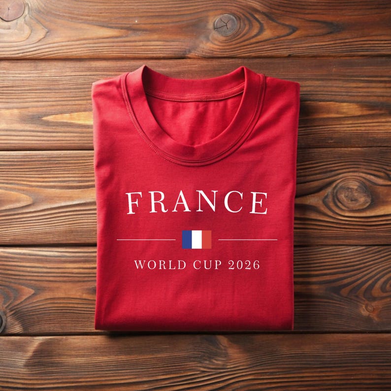 May include: A folded red t-shirt with the word "FRANCE" in white capital letters. Below the word is a horizontal line, a small French flag, and the text "WORLD CUP 2026". The shirt is on a wooden surface.