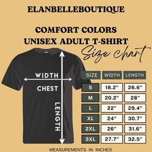 May include: Black unisex adult t-shirt with a size chart. The chart shows chest width and length measurements in inches for sizes S to 3XL. The brand name "ELANBELLEBOUTIQUE" is at the top.