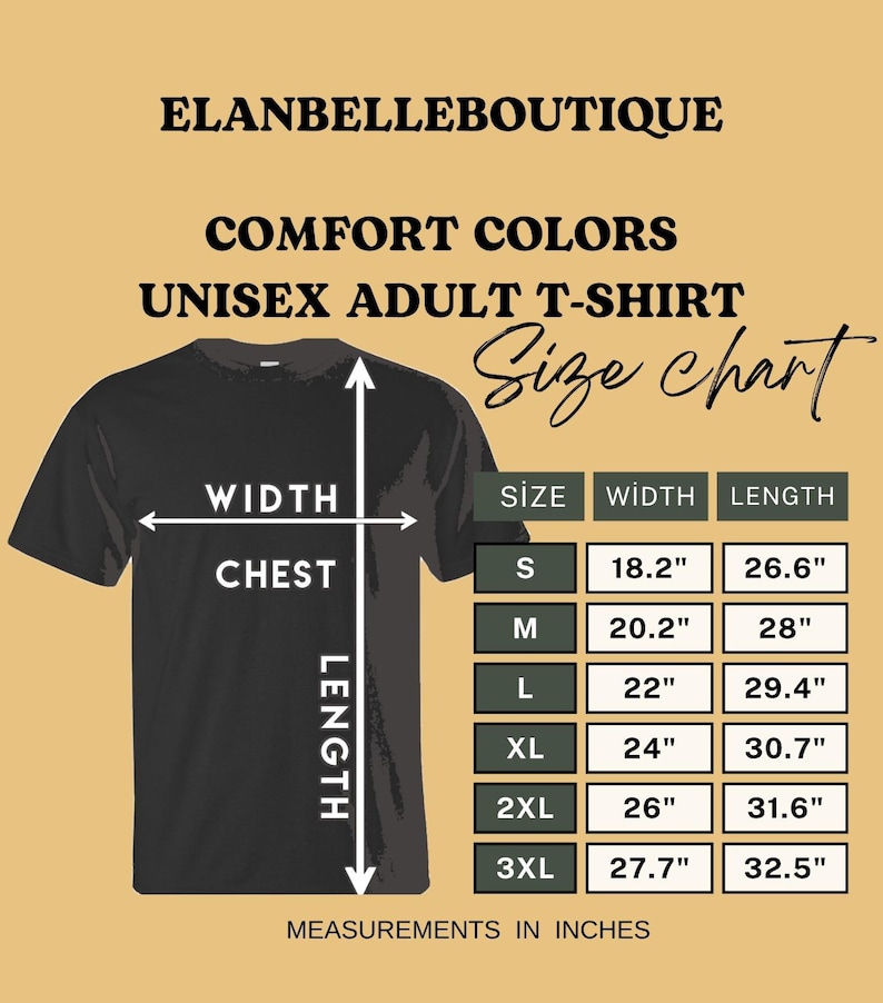May include: Black unisex adult t-shirt with a size chart. The chart shows chest width and length measurements in inches for sizes S to 3XL. The brand name "ELANBELLEBOUTIQUE" is at the top.