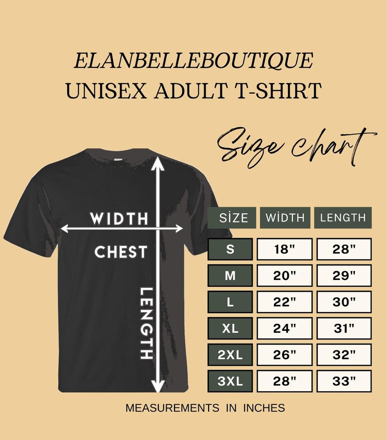 May include: Black unisex adult t-shirt with a size chart. The chart shows chest width and length measurements in inches for sizes S to 3XL. The text "ELANBELLEBOUTIQUE" and "UNISEX ADULT T-SHIRT" are at the top.
