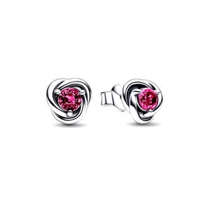 May include: A pair of silver stud earrings. Each earring has a bright pink, round gemstone set in a swirling, knot-like design. The earrings are presented against a white background.