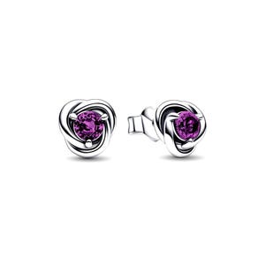 May include: A pair of silver stud earrings. Each earring has a round, vibrant purple gemstone set in a swirling, knot-like design. The earrings are displayed against a white background.