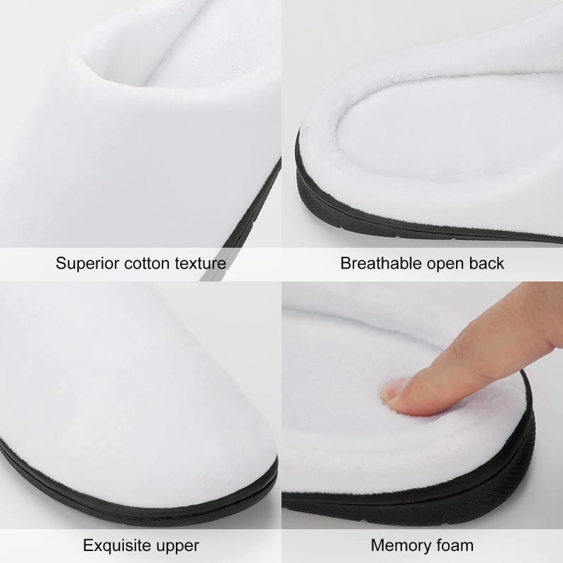 Pode incluir: Close-up de chinelos brancos com acabamento preto. Os chinelos t&ecirc;m uma textura de algod&atilde;o superior, costas abertas respir&aacute;veis, parte superior requintada e espuma de mem&oacute;ria. O texto na imagem diz: Textura de algod&atilde;o superior, Costas abertas respir&aacute;veis, Parte superior requintada e Espuma de mem&oacute;ria.