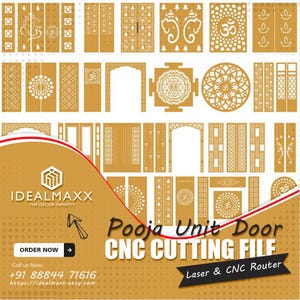 May include: A collection of intricately designed, laser-cut Pooja Unit Door patterns in various shapes and sizes. The designs include religious symbols and geometric patterns, all in a warm, golden color. The image also includes the text "Pooja Unit Door CNC Cutting File."