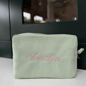 Personalised Embroidered Makeup Bag, Green Striped Cosmetic Pouch, Bridesmaid Gift