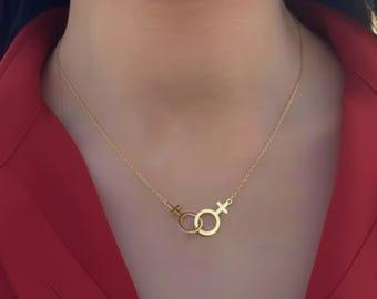 Collar doble Venus chapado en oro, collar lésbico, joyería LGBT, regalo para novia, regalo del mes del orgullo, regalo de Navidad