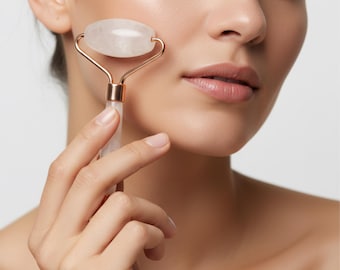 Rodillo masajeador facial de cuarzo cristal del Himalaya, rodillo facial de cuarzo transparente, masajeador facial de cristal oro rosa, regalo para ella.