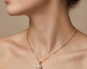 Collar con colgante de perla de plata de ley chapada en oro de 18 quilates, cadena delicada, collar de perlas de oro, regalo de Navidad